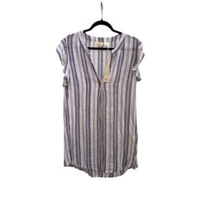 C&C California Striped Linen Blend V Neck Button Front Cap Sleeve Tunic Dress L